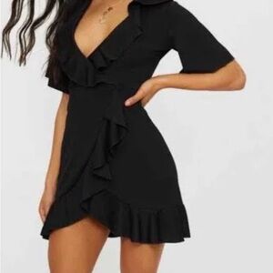 NEW Prettylittlething Black Frill Detail Wrap Dress Black Size 6